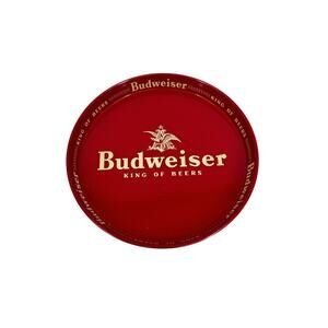 Vintage Budweiser King of Beers Tin Red Metal Serving Tray 13in Round